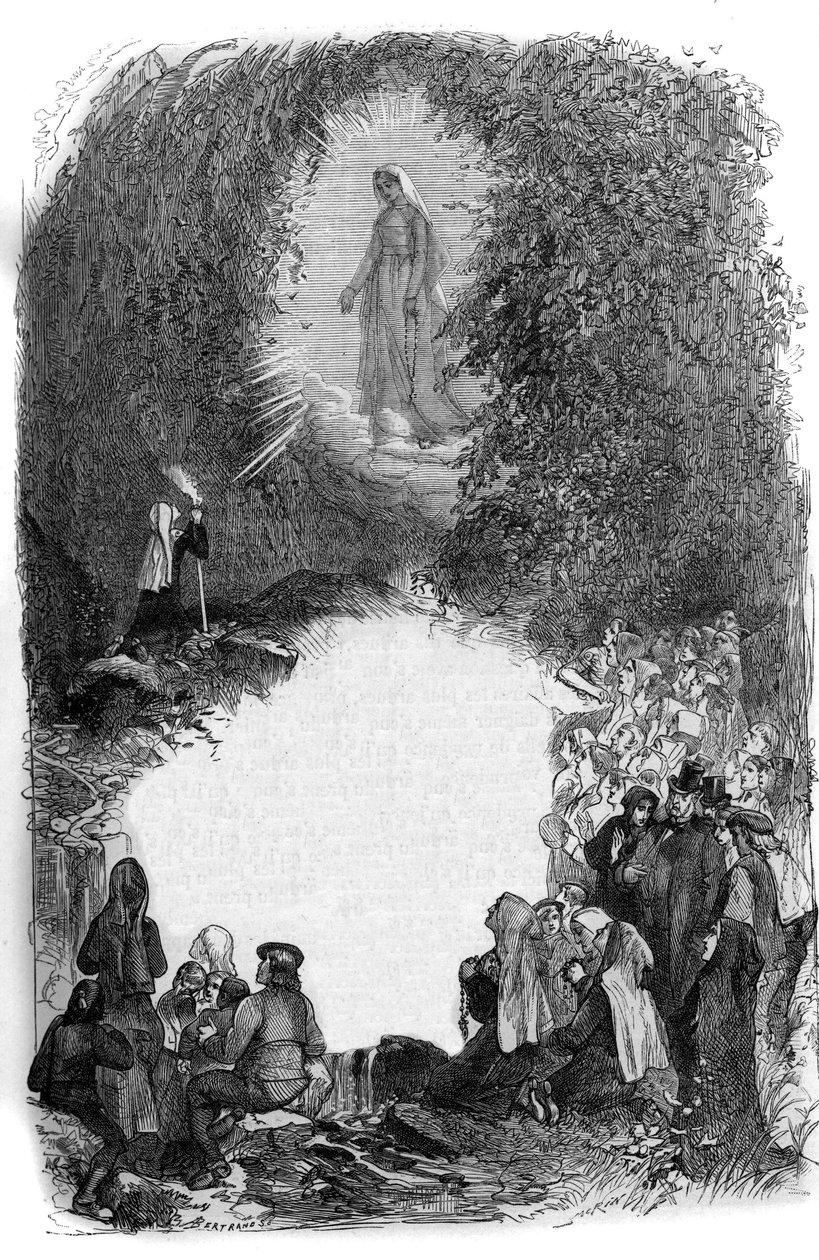 Appearance of the Virgin Mary to Bernadette Soubirous (1844-1879) in the Cave of Lourdes, Hautes Pyrenees by French School