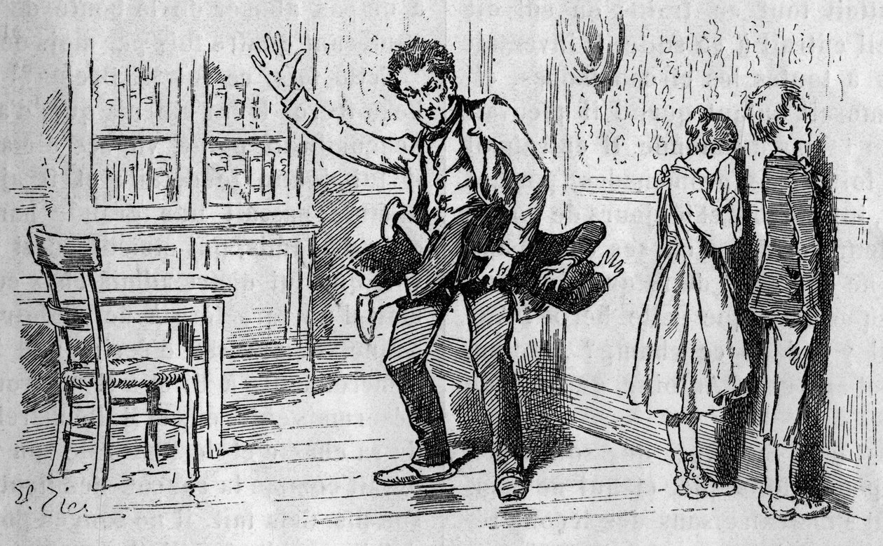Applying punishment by a teacher on a pupil dissipates in a pentionnate. Engraving in the illustrious journal 