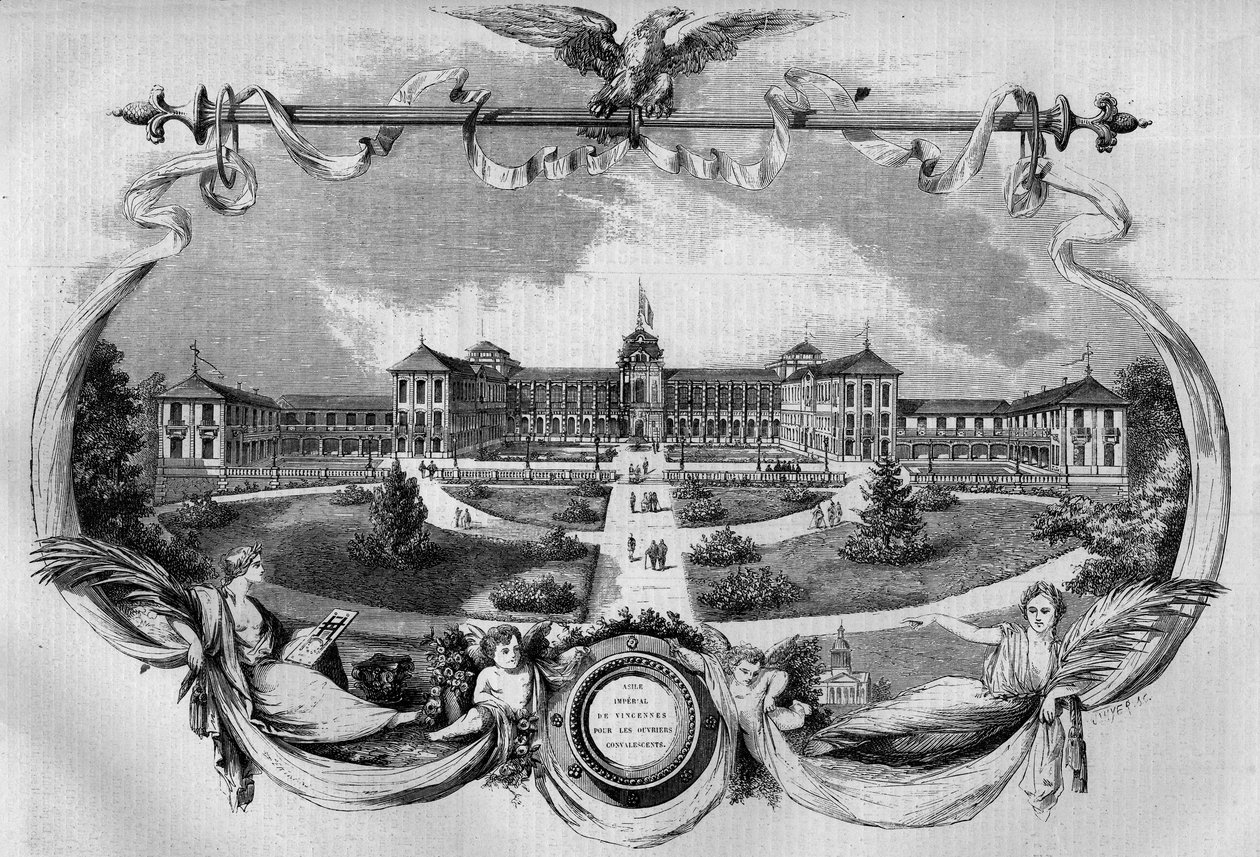 Architecture: Facade of the Hospital Known as Imperial Asylum of Vincennes for Convalescent Workers Inaugurated in 1857. Today Called the National Hospital of Saint Maurice, Saint Maurice (94). Engraving in Le Monde Illustré n°20 of 29 August 1 by French School