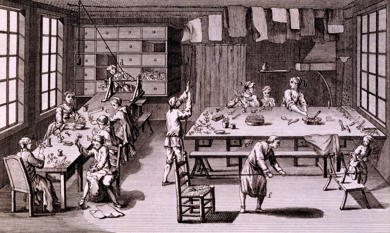 Artificial Flower Shop, illustration from Encyclopaedia or a Systematic Dictionary of the Sciences, Arts and Crafts by Denis Diderot, published 1765 by French School