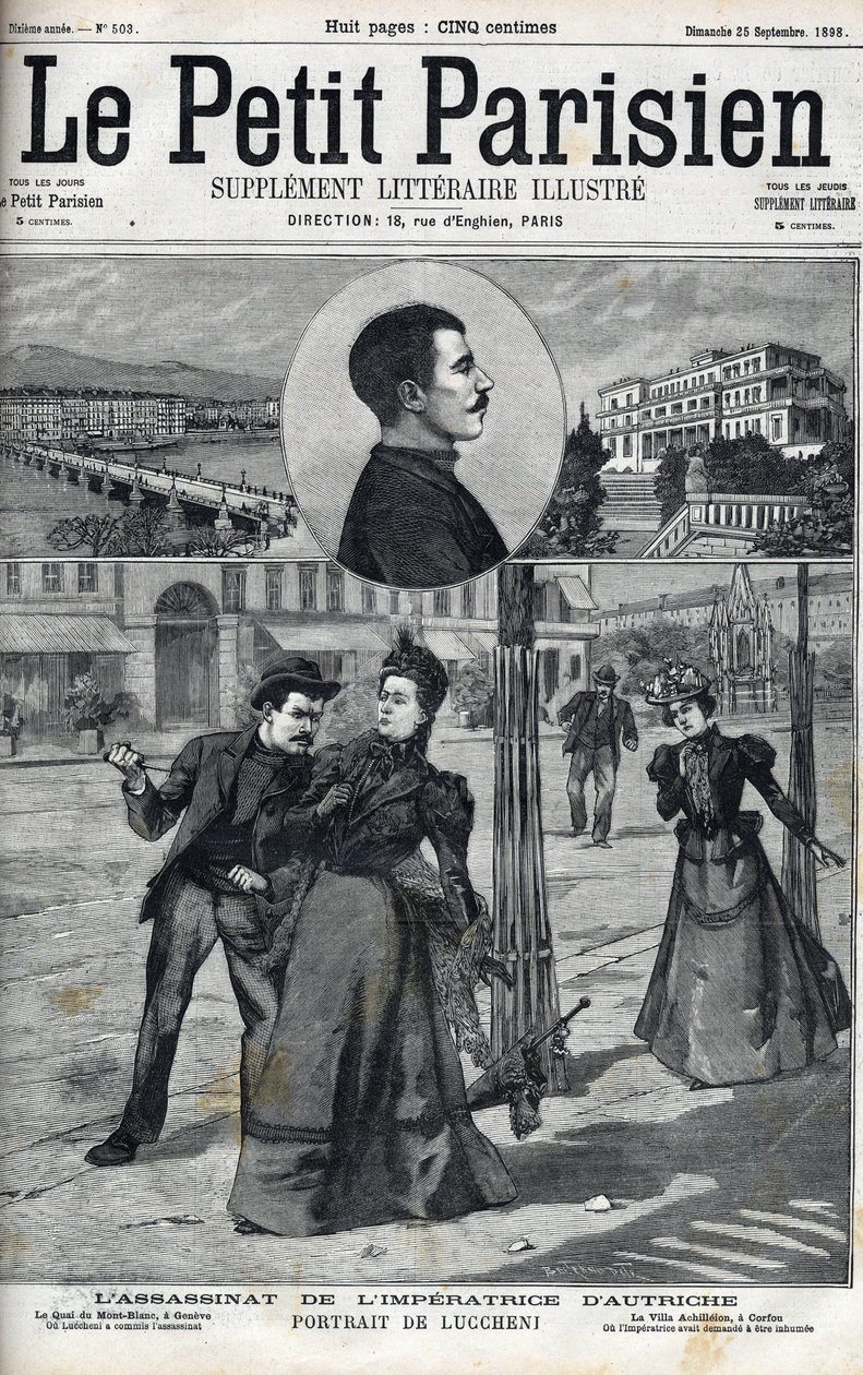 Assassination of Empress Elisabeth of Austria (Sissi) by Italian anarchist Luigi Lucheni in Geneva in 1898. Cover of 