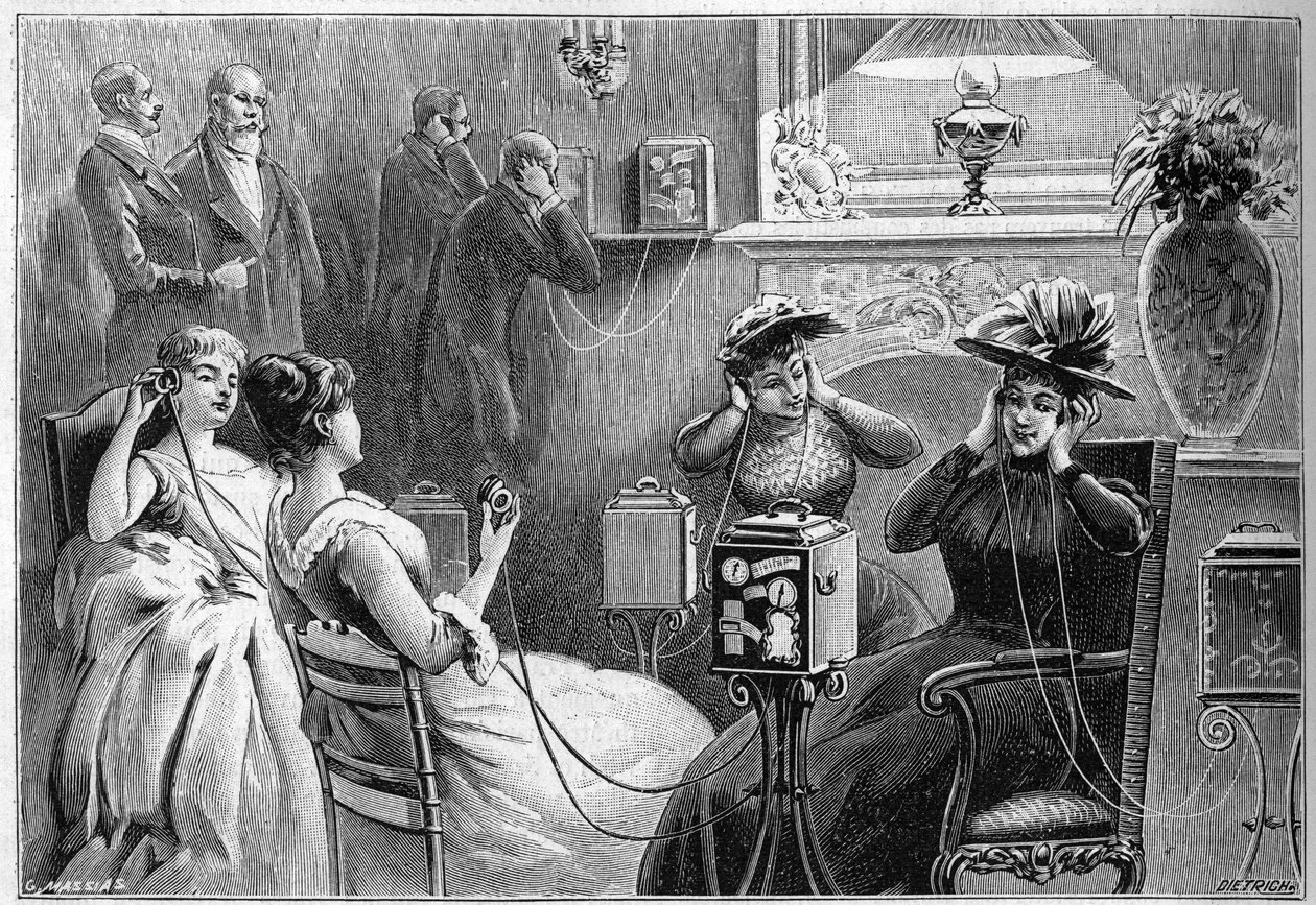 Audition of the Theatrophone (Theatre Auditions at Home) in the Lounge of a Grand Hotel in Paris in 1892 by French School