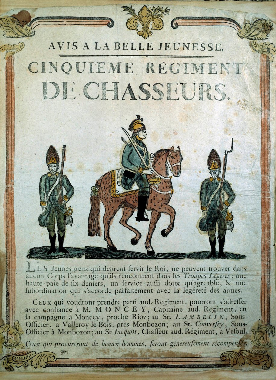 Avis à la Belle Jeunesse, Recruitment Poster for the 5th Regiment of Hunters, 18th Century. Paris, Musee de l