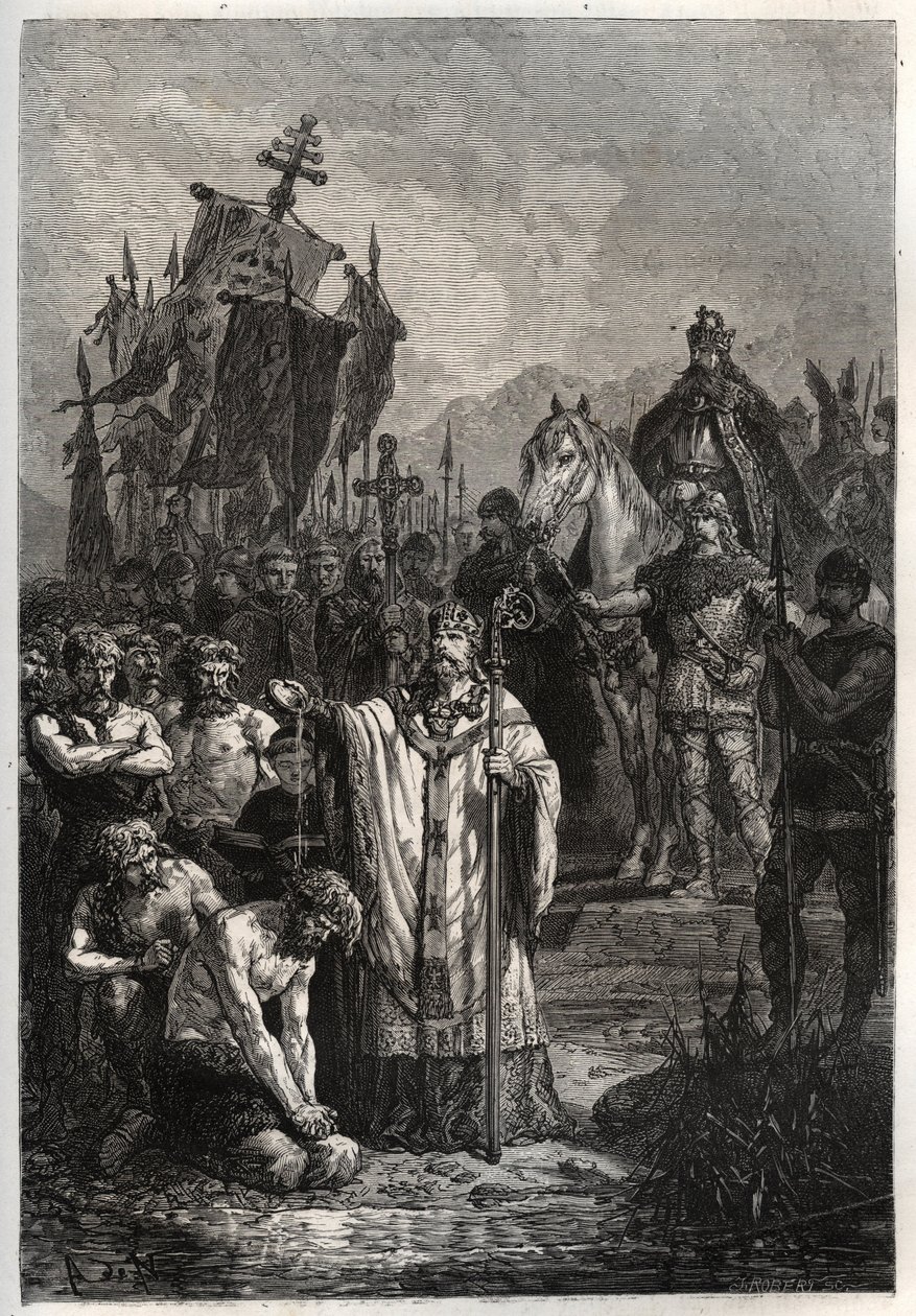 Baptism of the pagan Saxon leader Widukind under the pressure of the emperor Charlemagne - Charlemagne imposes the baptism to the Saxons - Conversion of Widukind or Witikind before Charlemagne in 785 - engraving from L