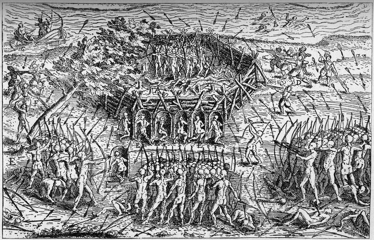 Battle between the French army of Samuel de Champlain and the Iroquois. Canada, early 17th century. Engraving in La Marine et les colonies: commerce by French School