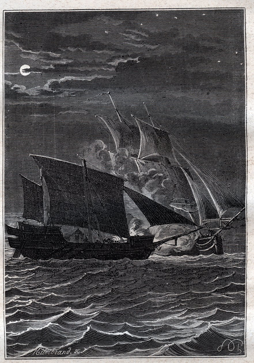 Battle of the Swallow and a Malaysian pirate ship: The Swallow ship of Philip Carteret fought with a Malaysian pirate ship in the Indonesian waters in 1767 - illustration from The Great Mariners of the 18th century by French School