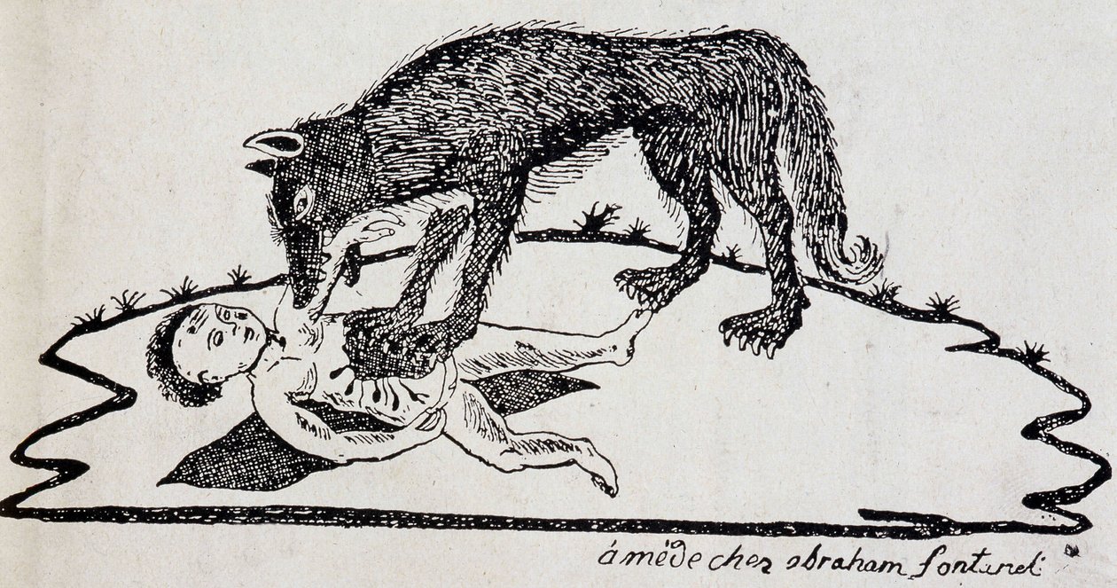 Beast torn a child (beast of the Gevaudan) - wood engraving published in Mende (Archives du Puy-de-Dome) by French School