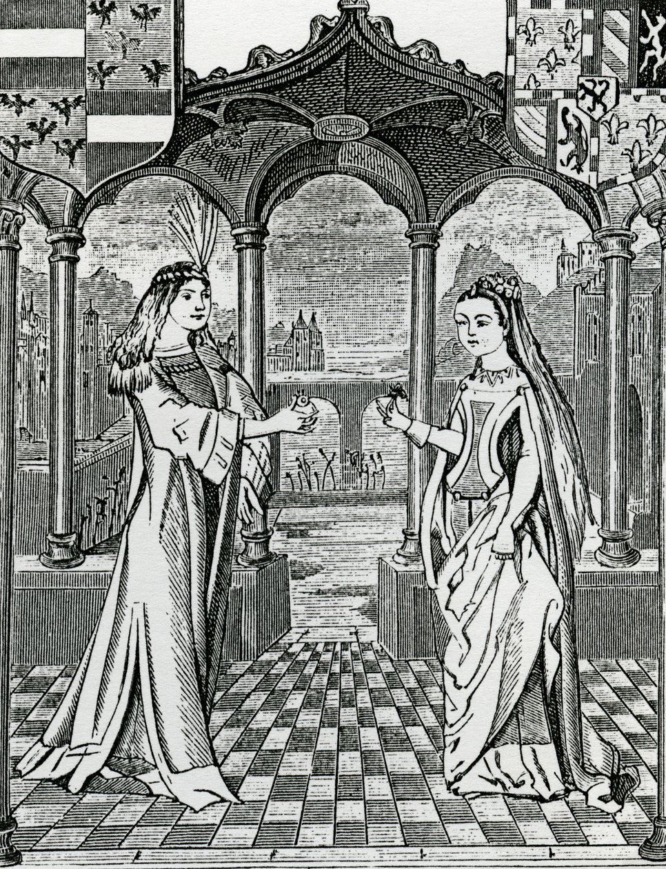 Betrothal of Maximilian I and Mary, Duchess of Burgundy in 1477, after an image in the Chroniques de Flandre by French School