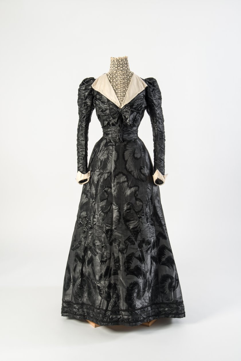 Black Figured Silk Dress with High Neck Chemisette of Cream Lace, Early 1890s by French School