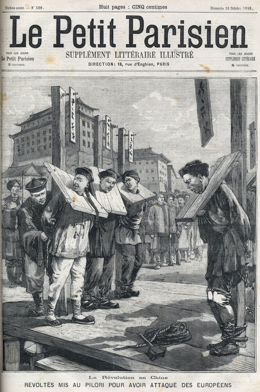 Boxer Revolt in China in 1898: Revolts put in pillory for attacking Europeans. Cover of 