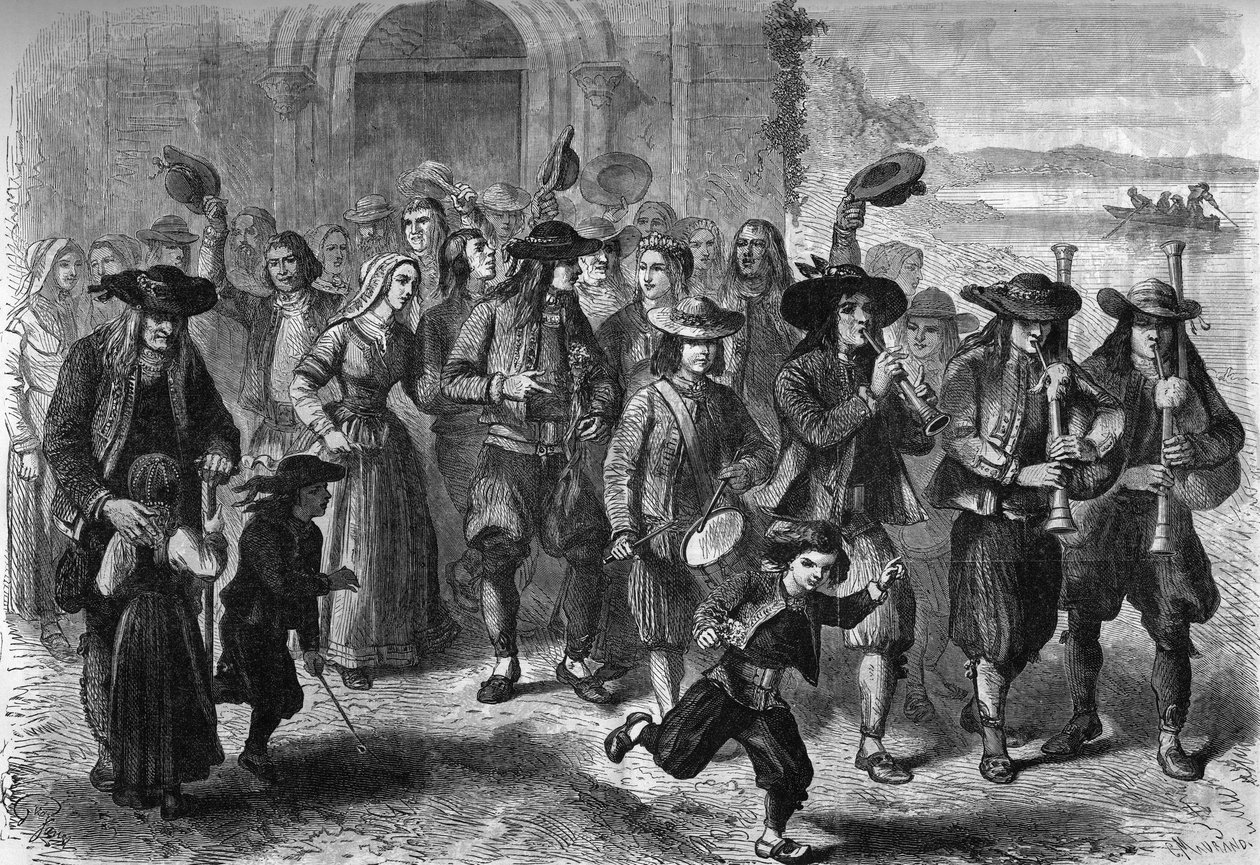Breton custom: couple of young marriages at the exit of the church. At the top of the procession are players of biniou and drum. Treguennec, Finistere by French School