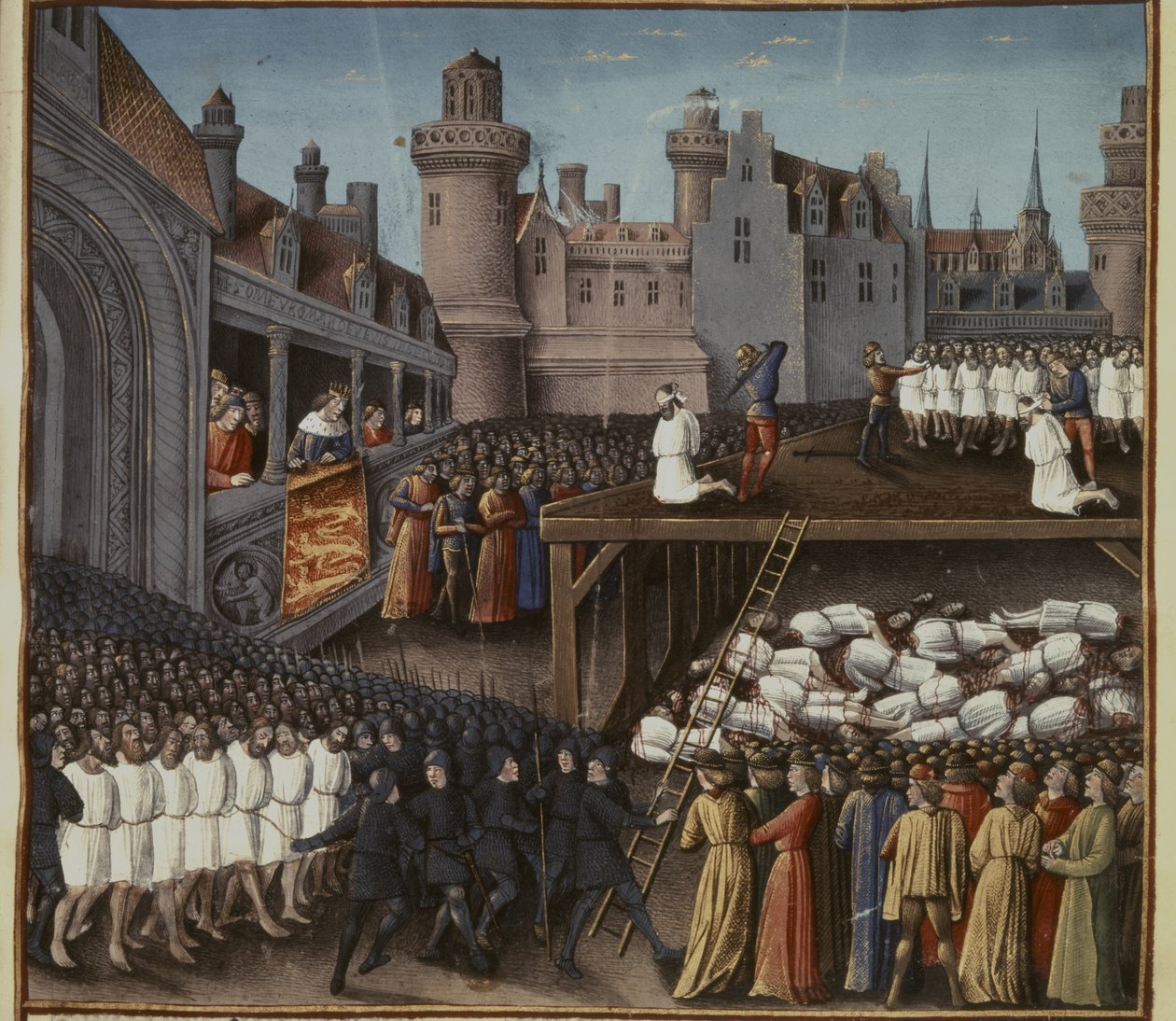 Crusades: Richard I watching the beheading of the Muslim garrison of Acre by French School