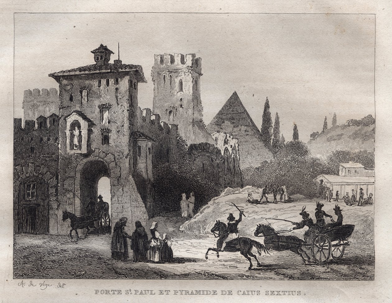 Caius Cestius Pyramid and Gate of St. Paul in Rome - Engraving from 