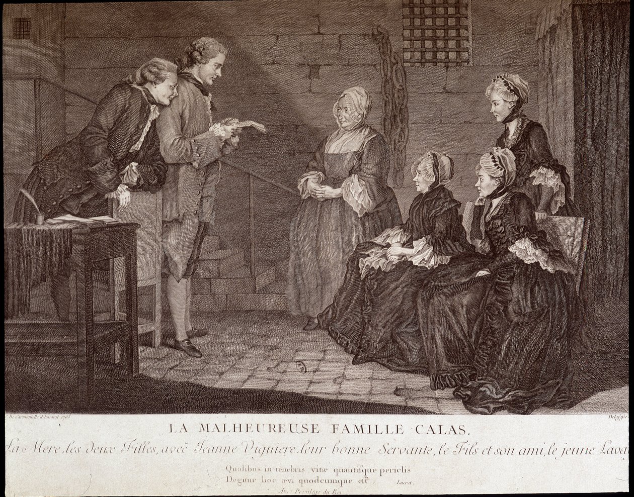 Calas affair: The unfortunate family of Jean Calas (died 1762): the mother, the two daughters, with Jeanne Viguiere, their good servant, the son and his friend, c.1762 by French School