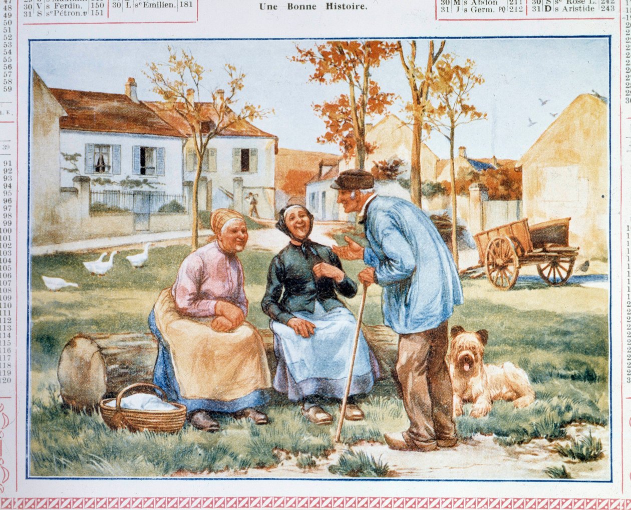 Calendar of Posts and Telecommunications representing three peasants discussing. 20th century by French School