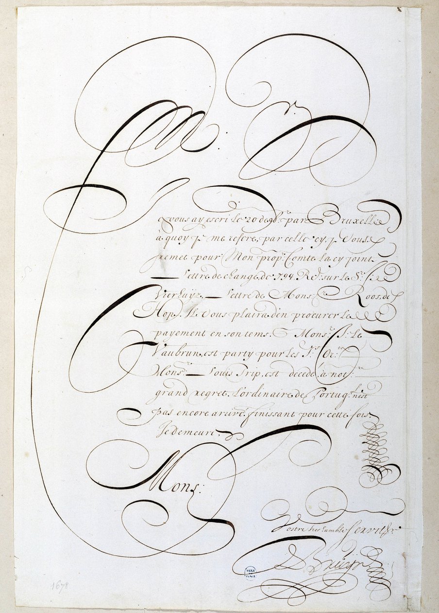 Calligraphy: Letter of accounts calligraphed around 1678 by Francois de Bruyn. Historical Library of the City of Paris by French School