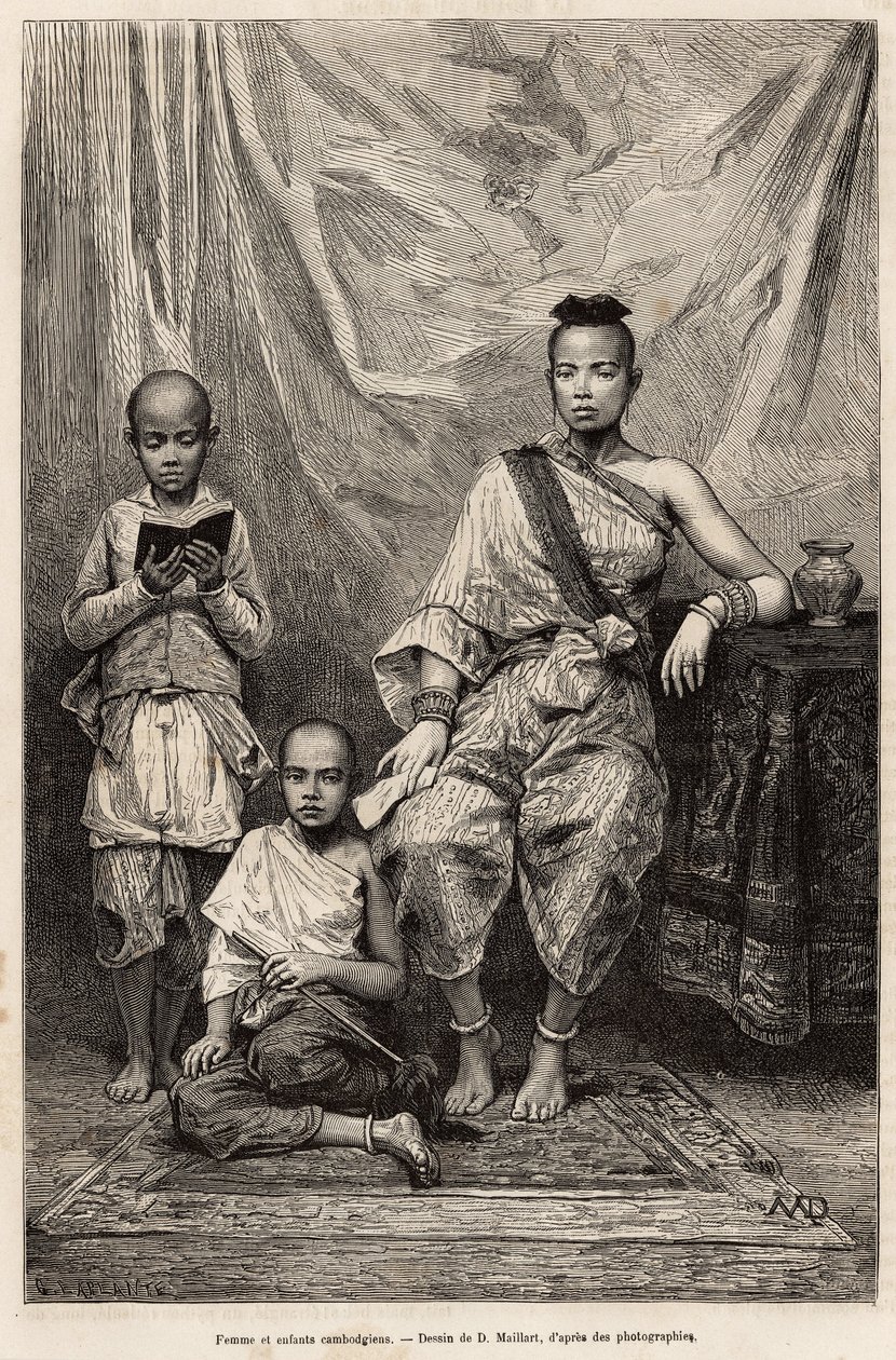 Cambodian Woman and Children (engraving after a drawing by D. Maillart, illustrating the voyage to Cochinchine by Doctor Morice, published in 
