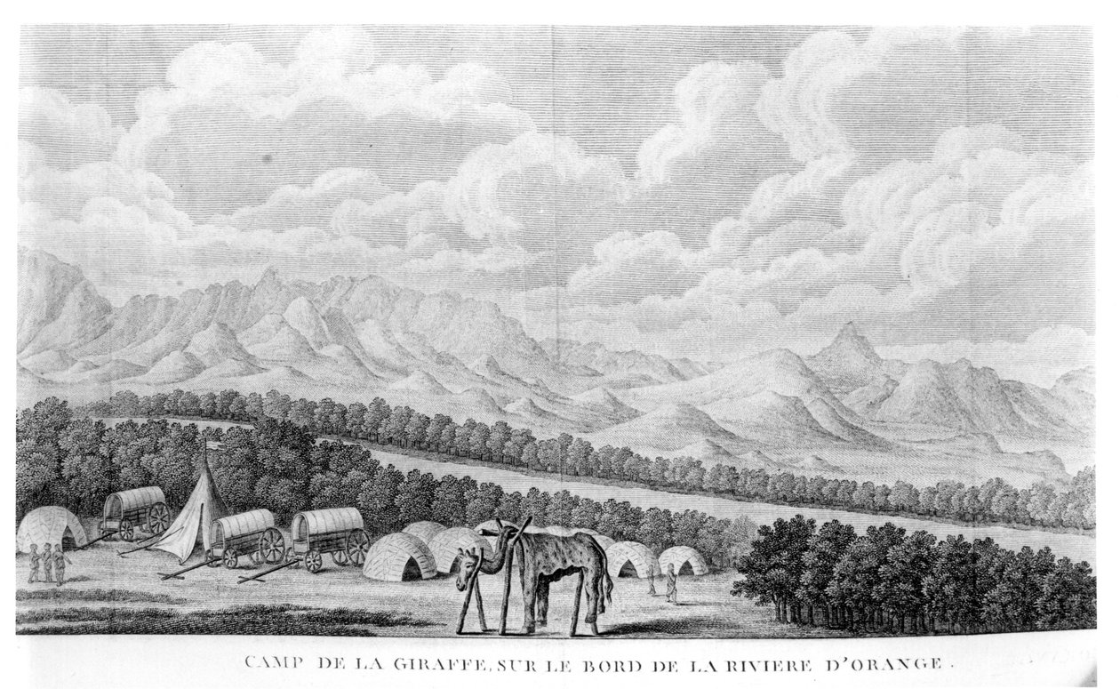 Camp Giraffe on the banks of the Orange River, from volume 2 of Second Voyage dans linterieur de lAfrique by Francois Le Vaillant published 1796 by French School