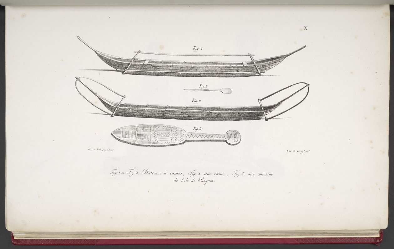 Canoes, and a club from Easter Island, from Voyage pittoresque autour du monde, avec des portraits de sauvages d
