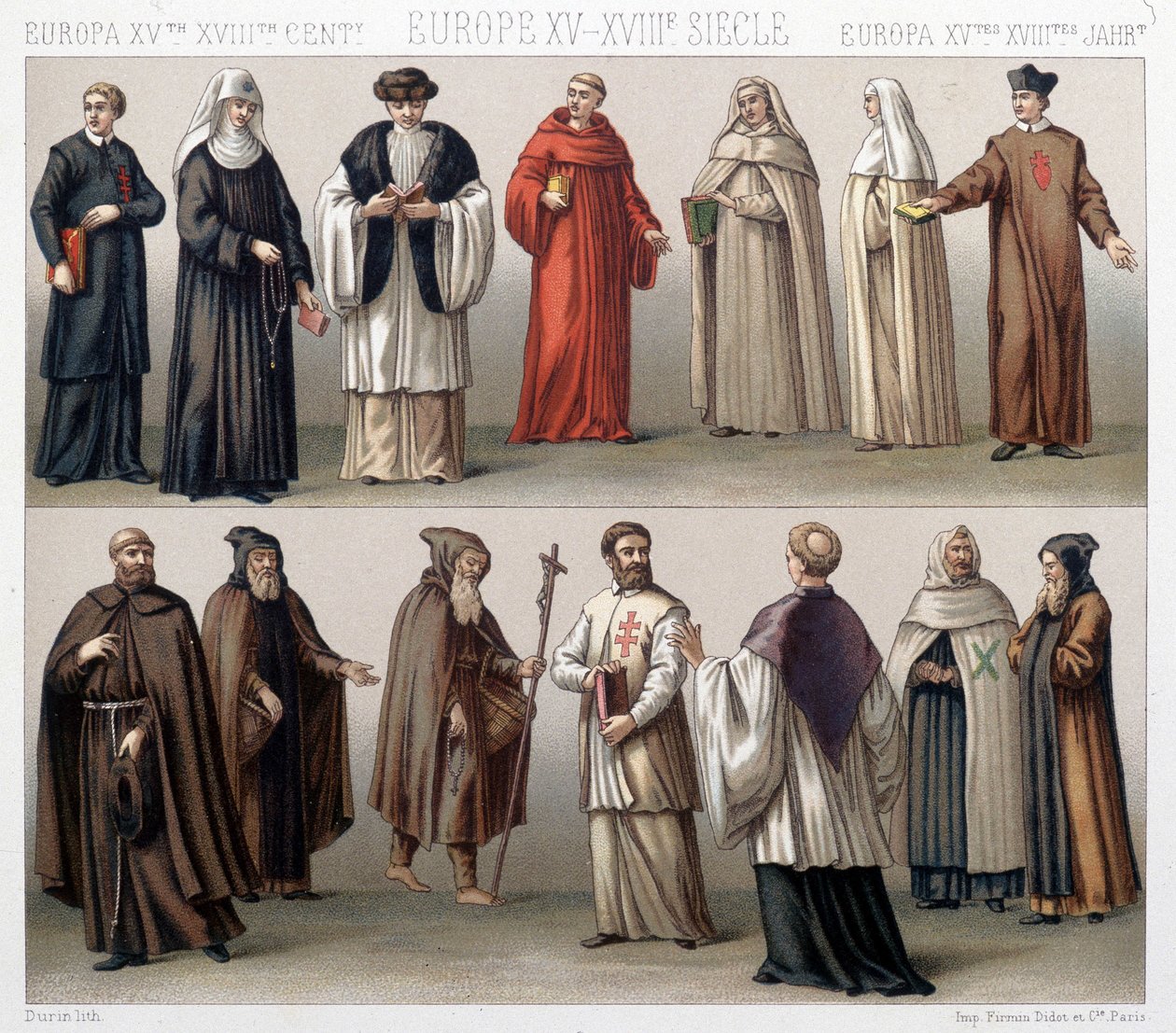 Canons of the Holy Sepulchre in Poland. Top: 17th and 18th century costumes. Bottom: costumes from the old period by French School