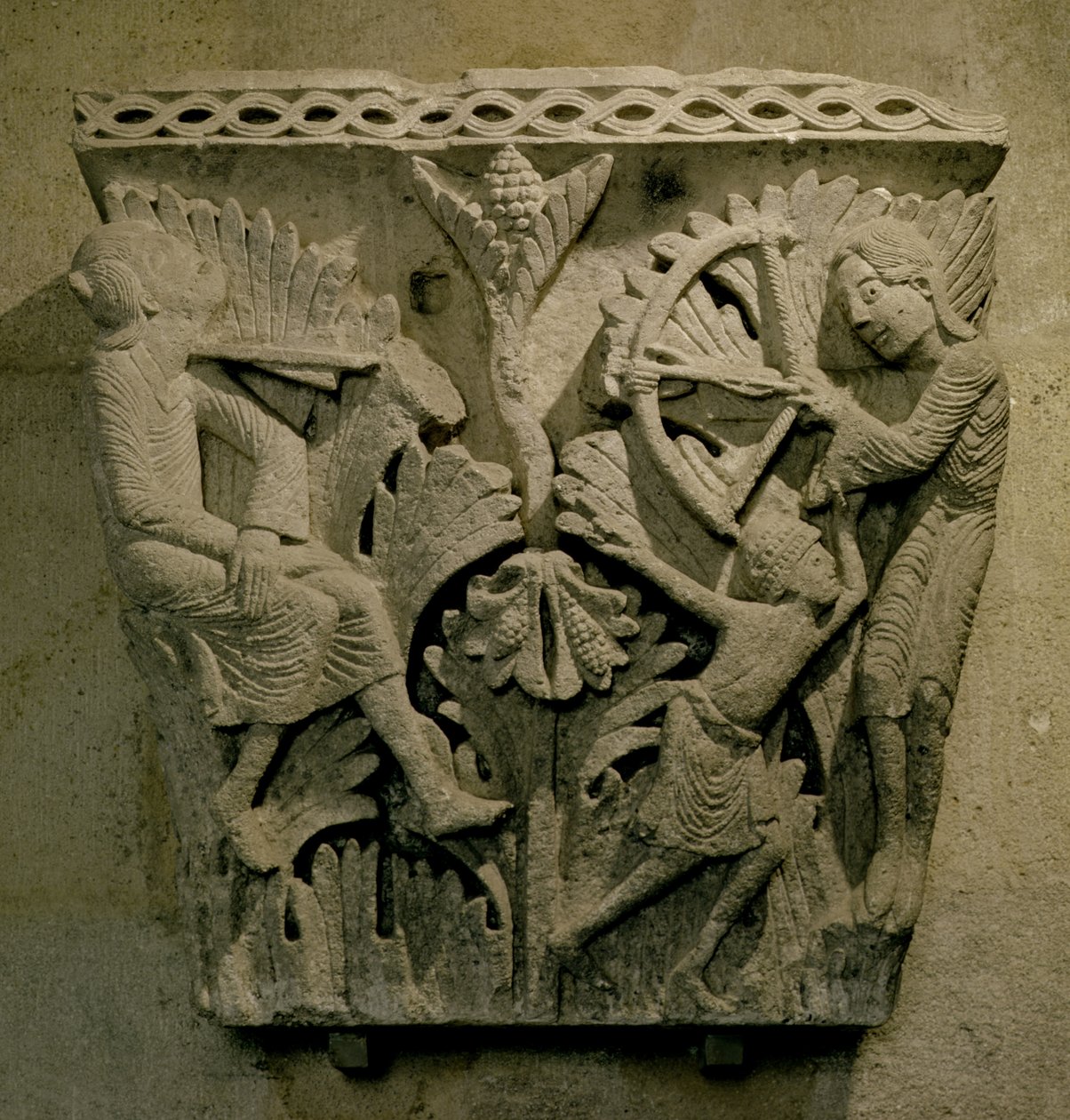 Capital Depicting a Man Shooting an Arrow into the Neck of Another by French School