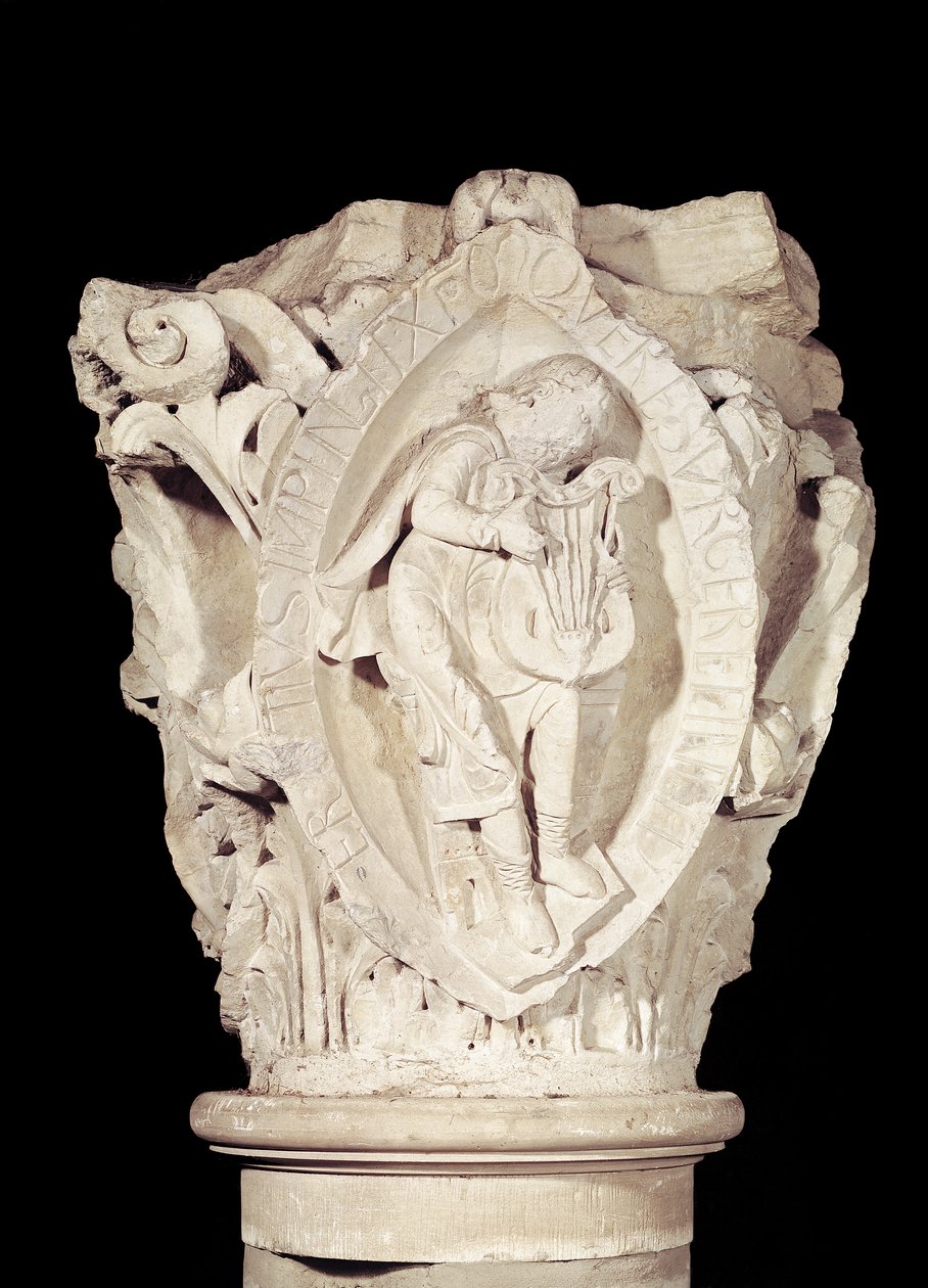 Capital depicting the Third Key of Plainsong with a lute player, c.1095 by French School
