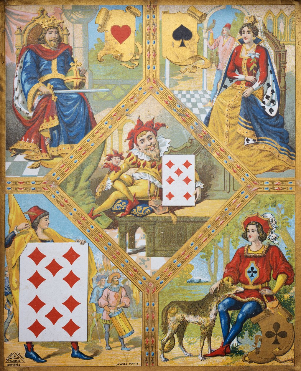 Card Game, Plate with King of Hearts, Queen of Spades, Ten of Diamonds and Jack of Clubs, Dwarf Lindoro with Seven of Diamonds in Centre by French School