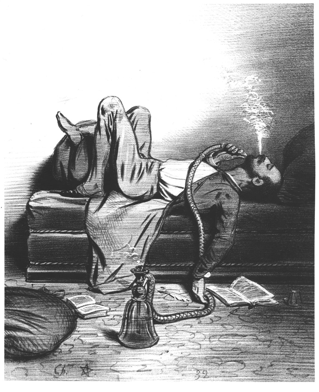 Caricature of the Romantic Writer searching his inspiration in the Hashish by French School