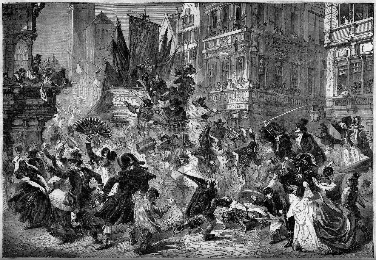 Carnival scene in the streets of Antwerp, Belgium in 1860. Engraving in 