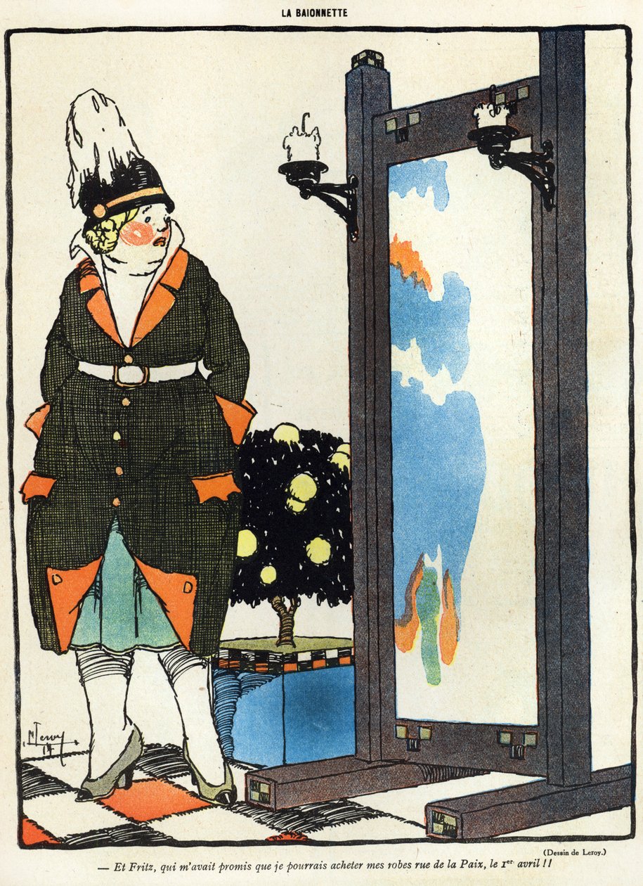 Cartoon depicting a German lady disappointed at not being able to buy her new clothes in Paris in the rue de la Paix, from the April Fools Day edition of La Baionette magazine, 29 March 1917 by French School