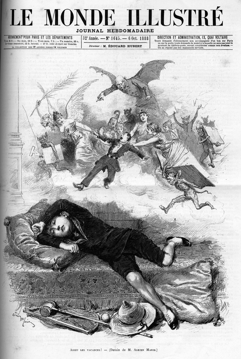 Cartoon of a Young Schoolboy Reproving the End of the Holidays Approaching Class Rental in 1888 by French School