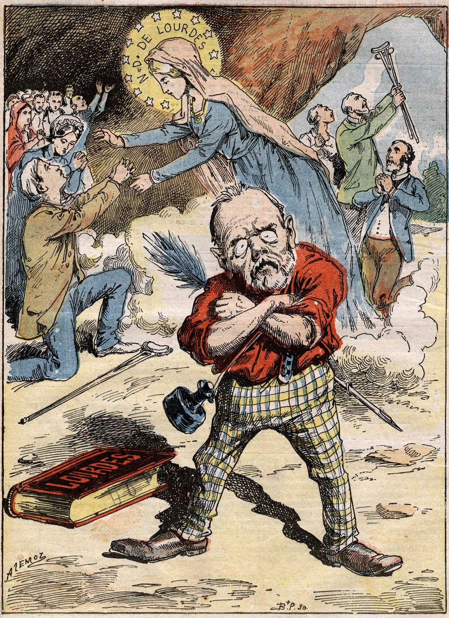 Cartoon of the writer Emile Zola who is perplexed at the devotion of the faithful in Lourdes, despite his criticism of the subject expressed in his novel Lourdes by French School