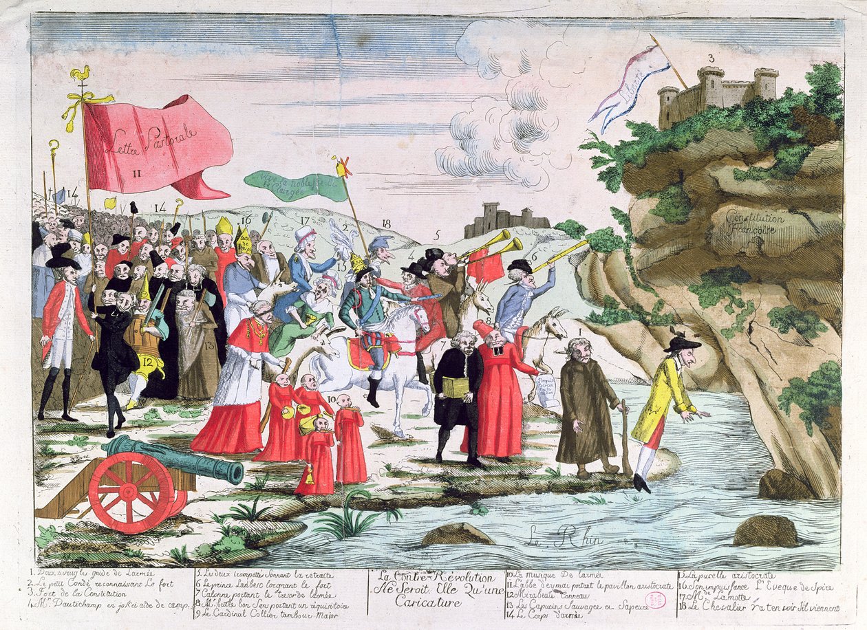 Cartoon ridiculing the French clergy and aristocrats who took refuge in Germany during the Revolution, c.1792 by French School