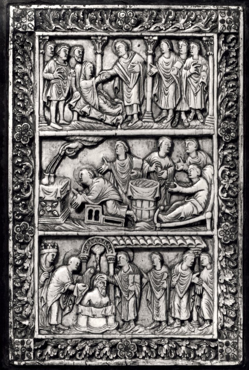 Carved Plaque for a Book Cover Depicting Scenes from the Life of St. Remigius and the Baptism of Clovis I by French School