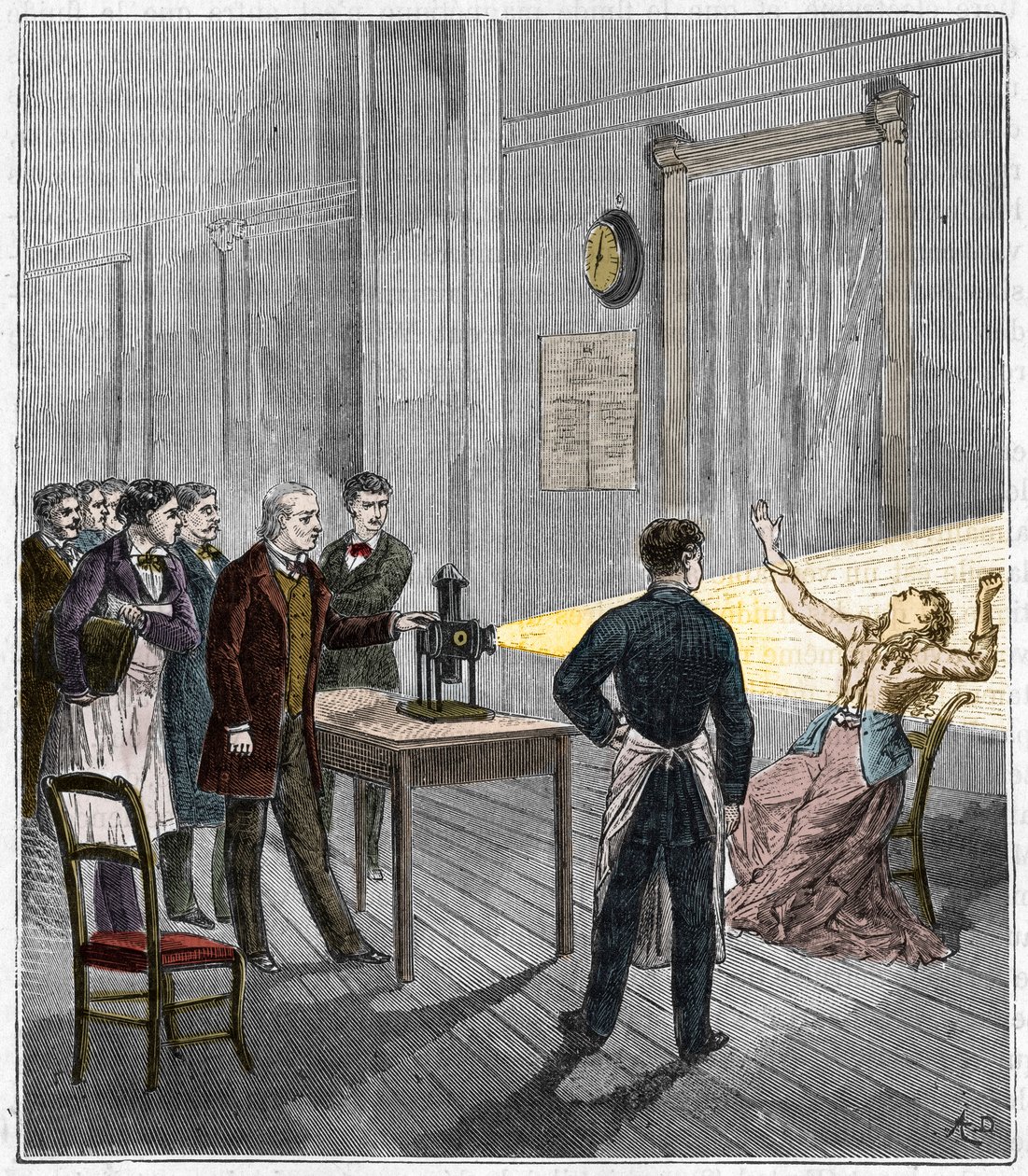 Catalepsy produced under the influence of light - The French neurologist Jean Martin Charcot (1825-1893) studying the phenomenon of hypnosis on a patient at Salpetriere hospital using a magic lantern by French School