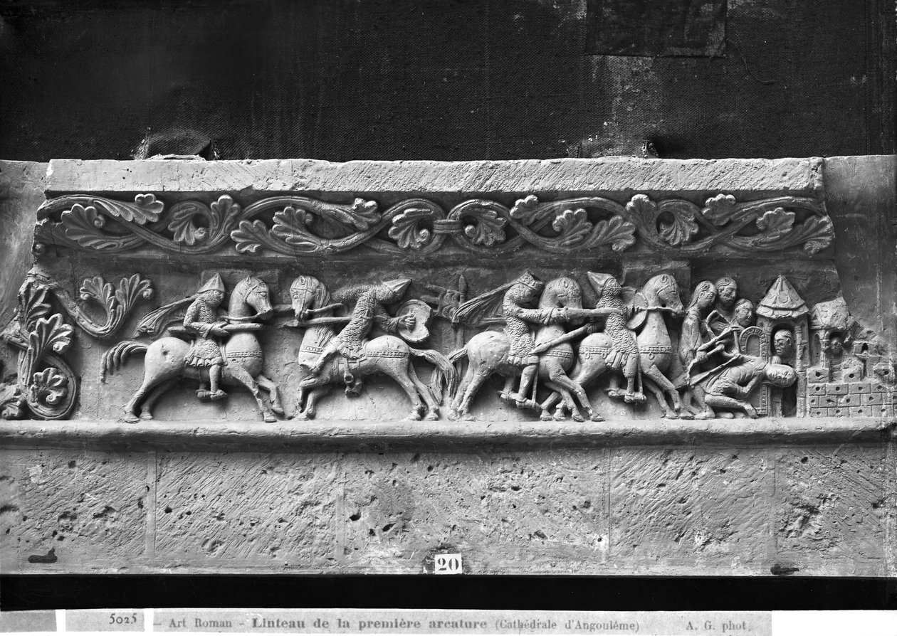 Cathedral of St. Peter in Angouleme (lintel detail on the west facade depicting scenes inspired by La Chanson de Roland, original from c.1125-35) by French School