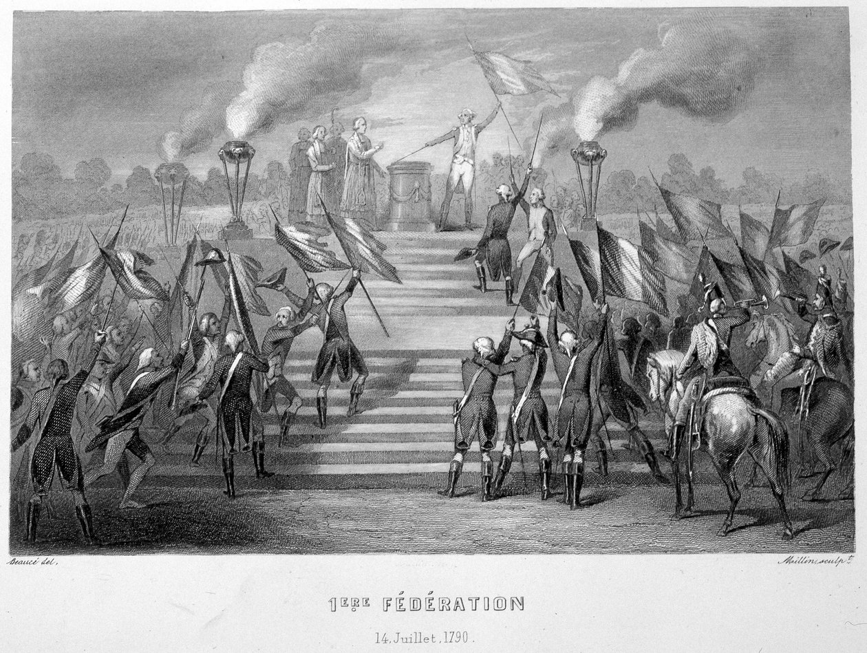 Celebration of the 1st National Federation on 14 July 1790 on the Altar of the Fatherland in Champs-de-Mars, on the occasion of the 1st anniversary of the capture of the Bastille - in “Fasttes de Gardes nationales de France” by French School