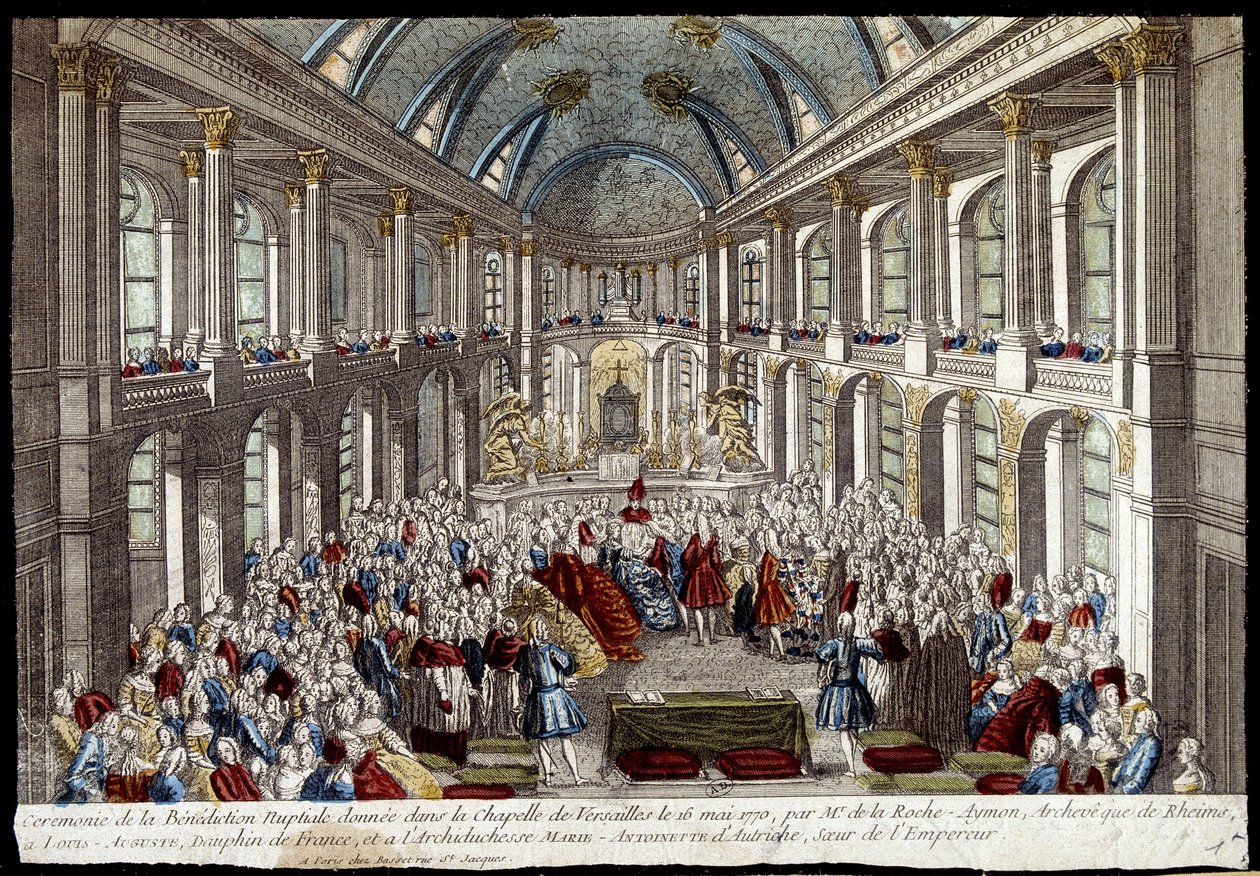 Ceremony of the bridal blessing given in the chapel of Versailles on 16 May 1770 by Louis Auguste, Dauphin of France (Louis XVI), and Marie Antoinette of Austria - engraving by French School