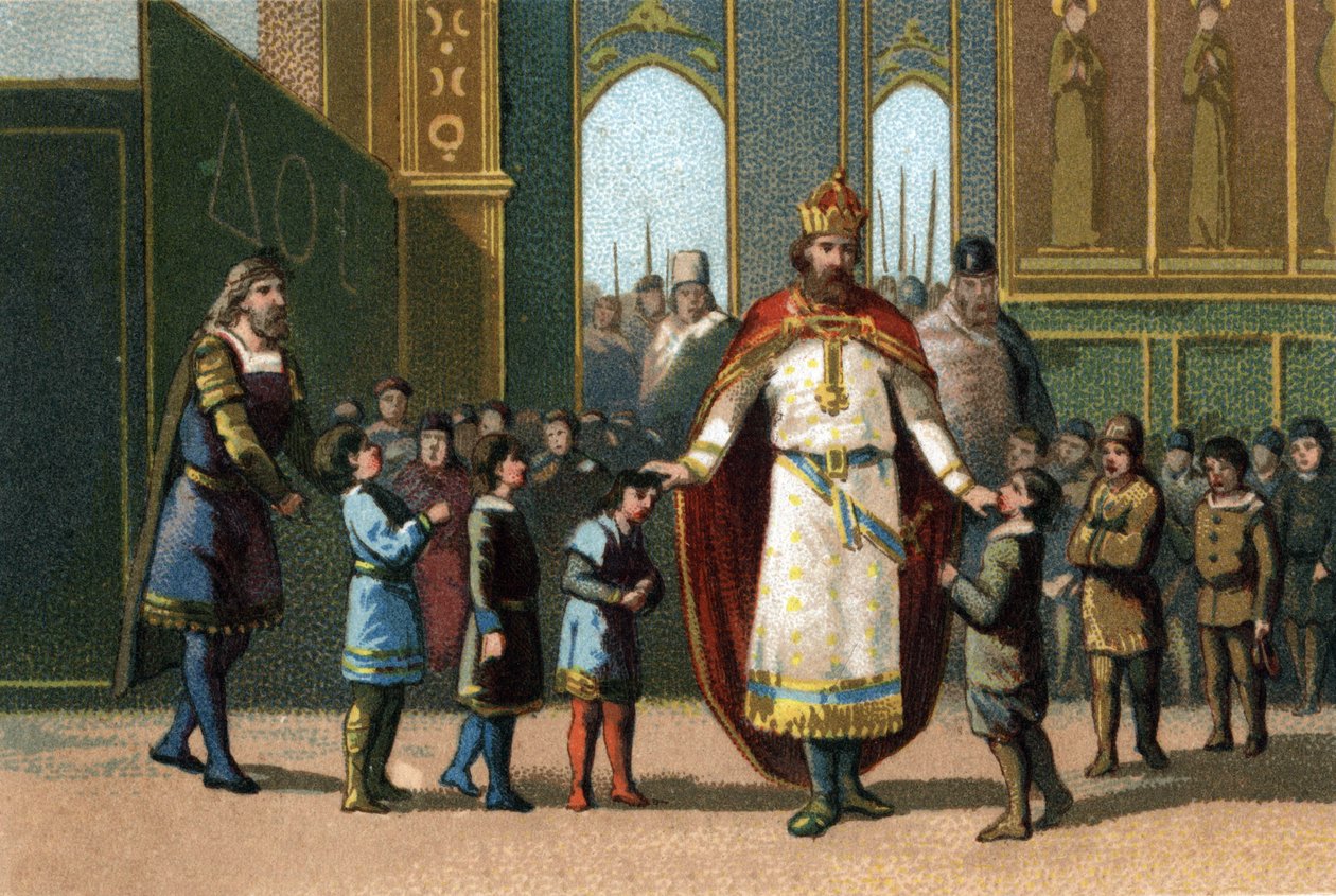 Charlemagne, King of France from 768 to 814, founder of the school supervises the classes. Chromolithograph around 1890 by French School