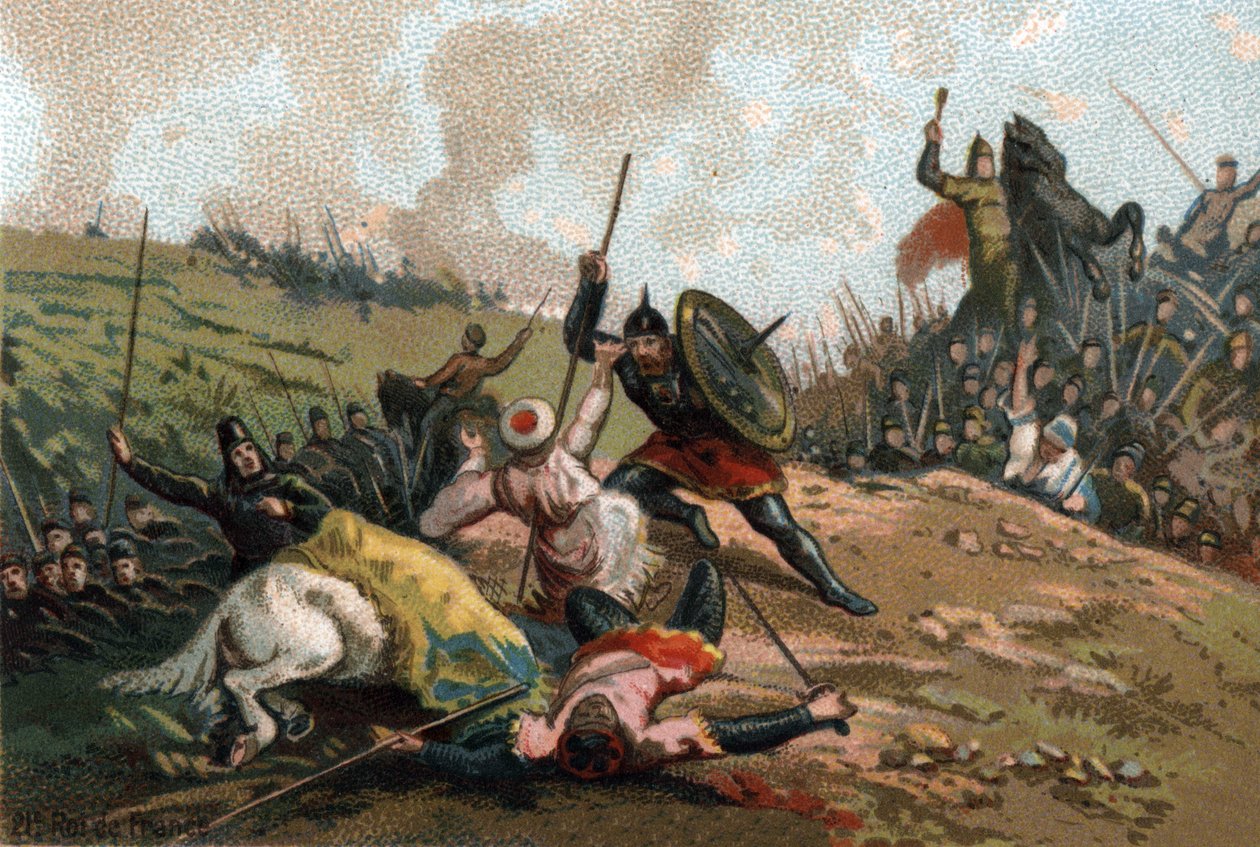 Charles Martel stopped the invasion and killed the leader of the army of Abd al-Rahman I, leader of the Saracens by French School