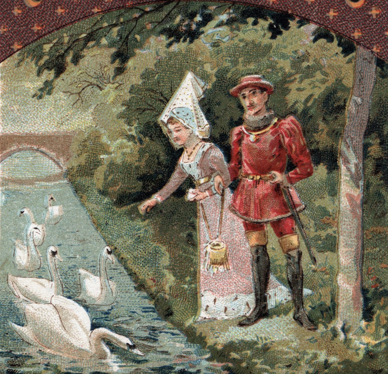Charles VII (1403-1461) with his favorite, Agnes Sorel (known as the Lady of Beaute sur Marne) feeding swans in the park of the chateau of Savigny sur Orge. Chromolithography of the late 19th century by French School
