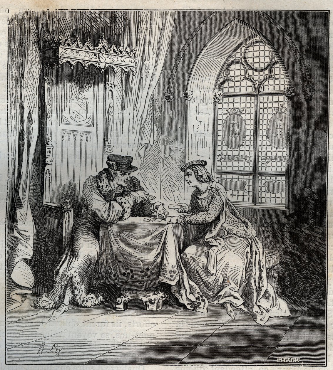 Charles VI and Odette de Champdivers - King Charles VI of France, known as Charles the Good Aime, then Charles the Fol with his mistress Odette de Champdivers playing cards engraving in 