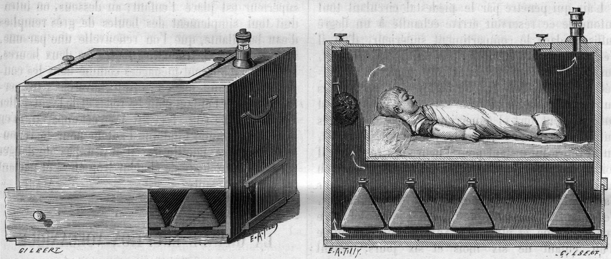 Child Incubator by Dr. Alfred Auvard (1855-1940), According to the Apparatus Used in the Maternity Ward, on the Left, External View, on the Right Inside View. in 