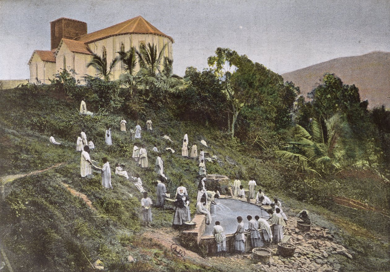Children in New Caledonia taken to the washing place by the Missionary Sisters, engraved by Gillot by French School