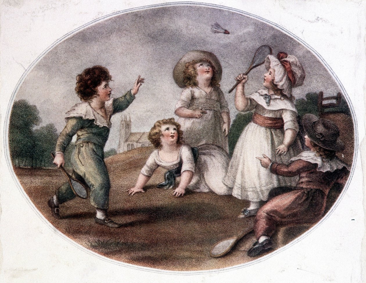 Children playing the wheel game (now badminton) by French School