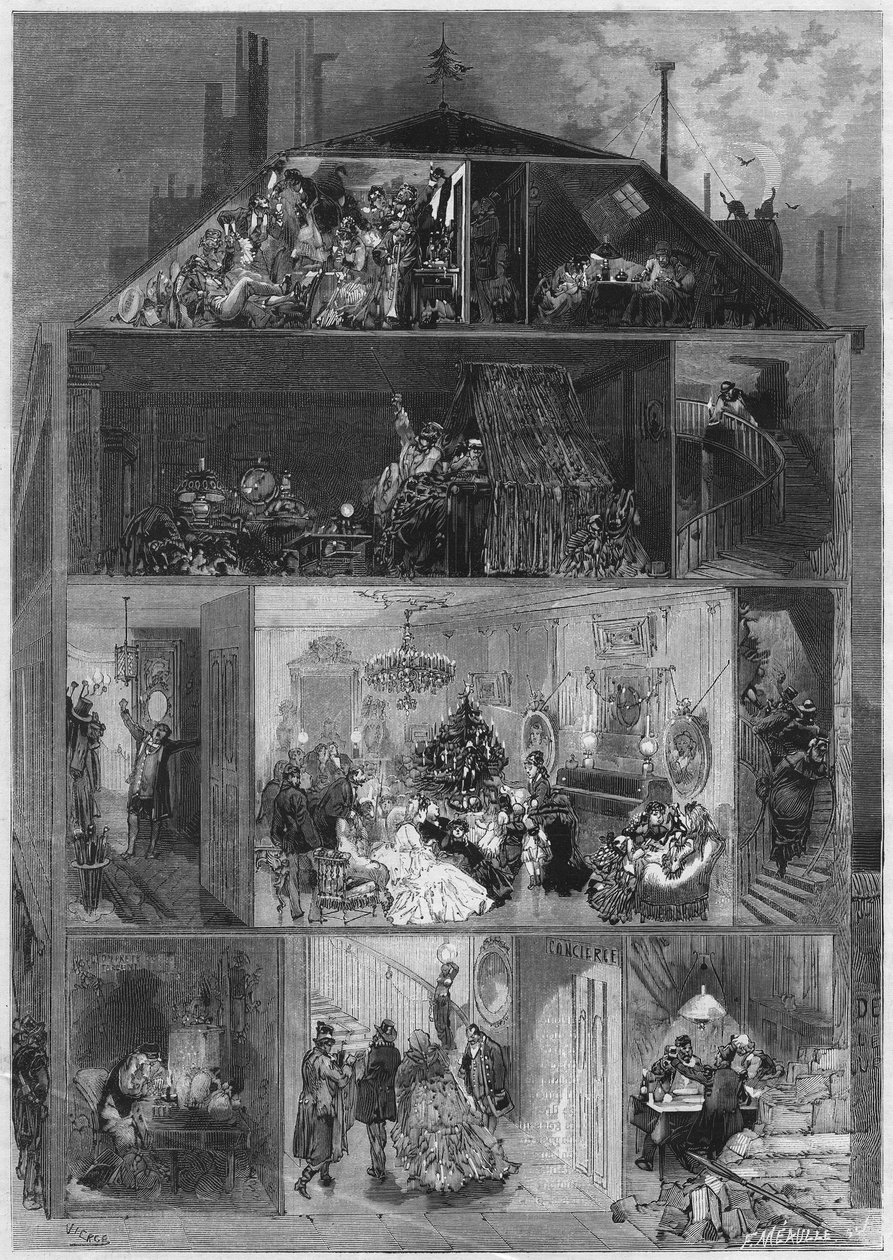 Christmas Eve: cross section of a Parisian building presenting different ways to celebrate New Year
