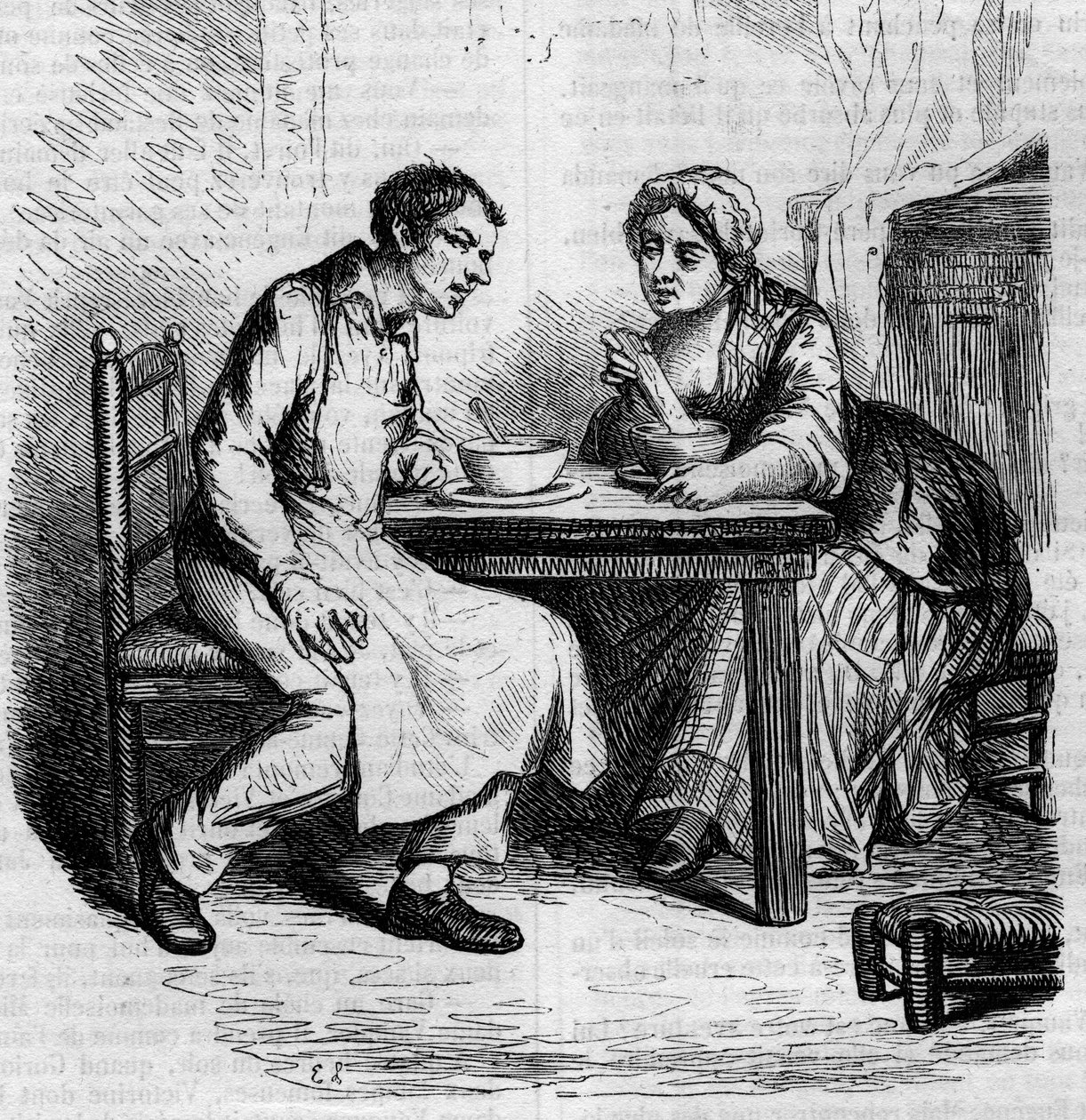Christophe and the fat Sylvie: servants having breakfast. Engraving mid 19th century. Illustration for The Father Goriot by Honore de Balzac (1799-1850) by French School
