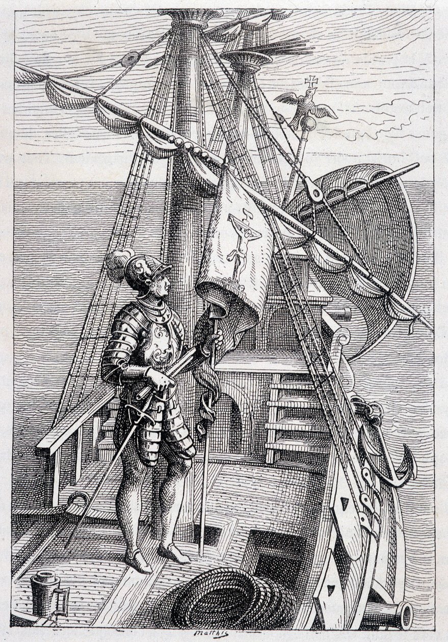 Christopher Columbus on his trailer, illustration 