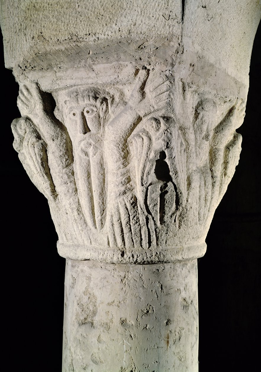 Column capital with a man with raised arms by French School