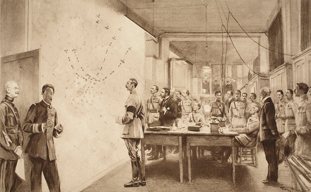 Commandant and Staff of the French Department of Aviation Marking the Progress of a Gotha Raid on Paris, 1914-19 by French School